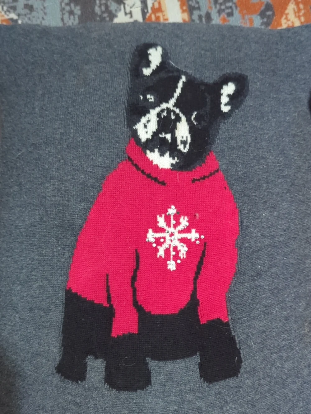 upcycled knit sweaters, featuring a gray pillow with a French bulldog Harlequin